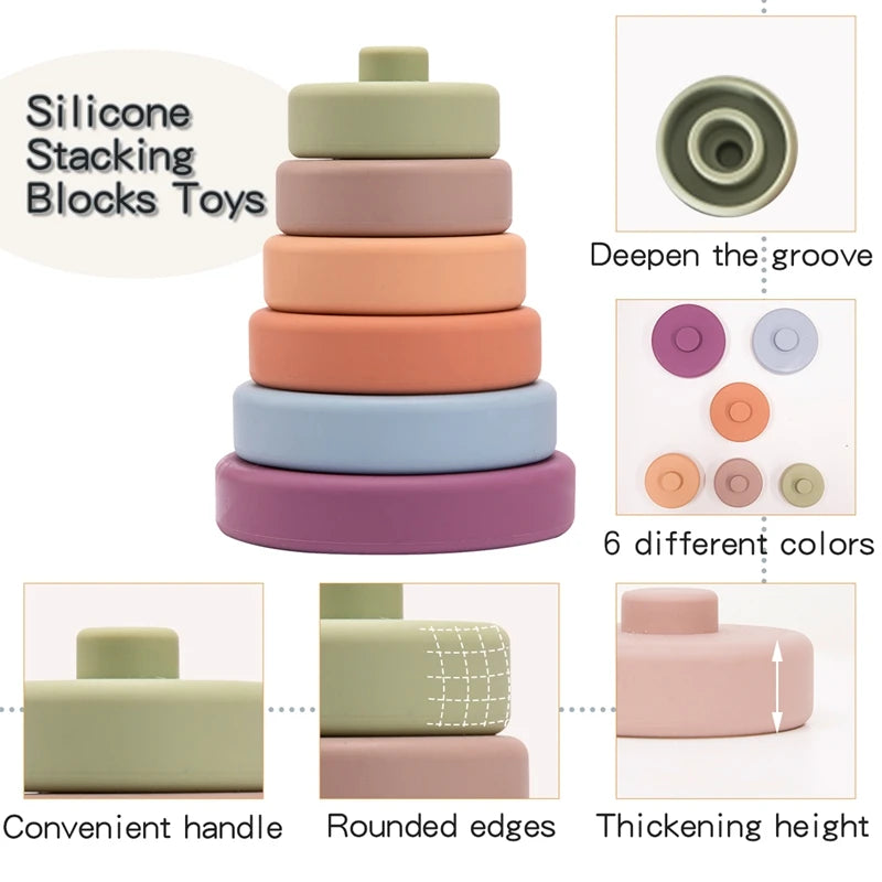 Ensemble de 6 pièces empilables en silicone pour bébé pour l'apprentissage ludique, plusieurs formats disponible !