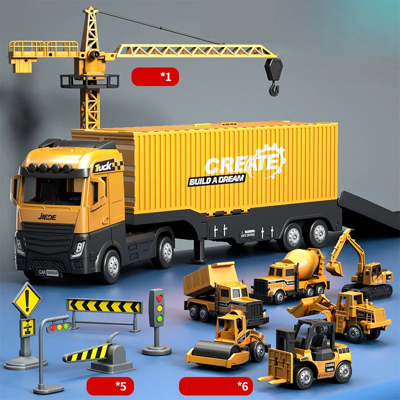 Ensemble de jouets engin de chantier ! Le camion Plateforme de construction avec plusieurs jouets-machines et accessoires !(Taille de la Grue dépliée H39cm)