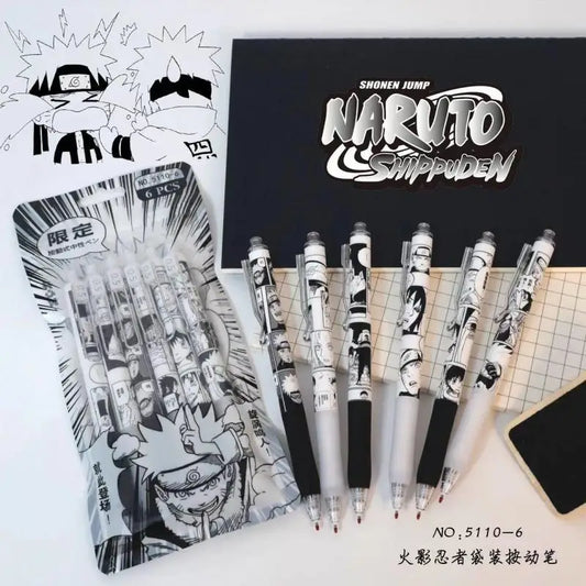 Lot de 6 Stylos Univers Naruto à encore noir gel , motifs pages de Manga-animé Noir & blanc !