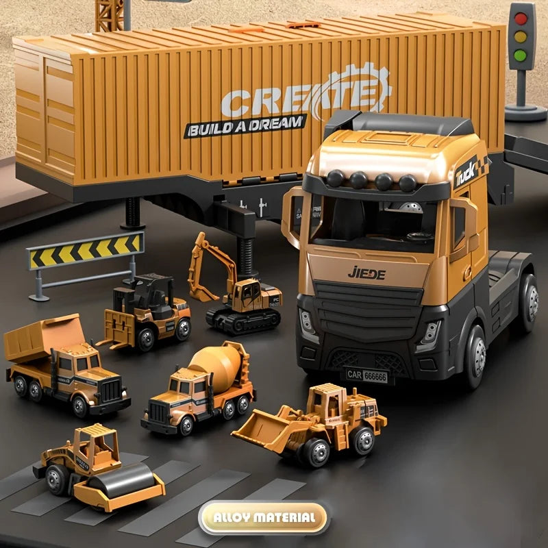 Ensemble de jouets engin de chantier ! Le camion Plateforme de construction avec plusieurs jouets-machines et accessoires !(Taille de la Grue dépliée H39cm)