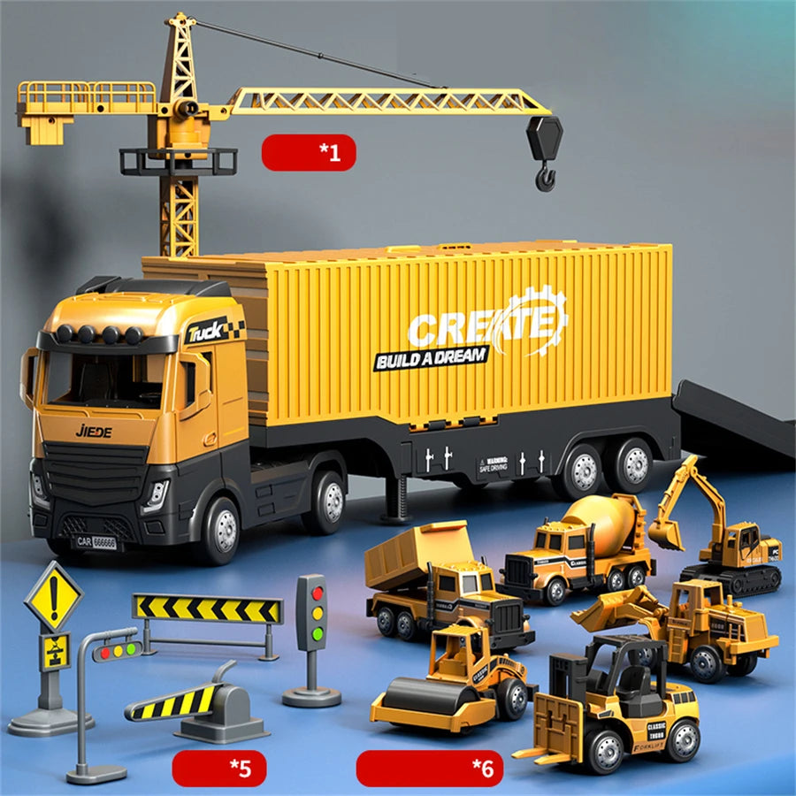 Ensemble de jouets engin de chantier ! Le camion Plateforme de construction avec plusieurs jouets-machines et accessoires !(Taille de la Grue dépliée H39cm)