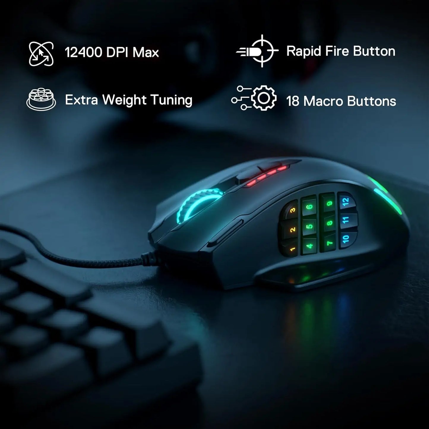 Souris pour PC  filaire modèle Redragon M908 RGB Backlight LED 12400 DPI 18 touches de Programmation